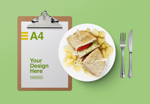 Top View of Clipboard with Sandwich Plate Mockup