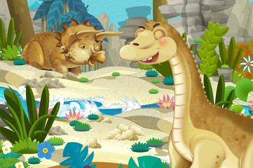 cartoon scene with dinosaur apatosaurus diplodocus with some other dinosaur in the jungle - illustration for children