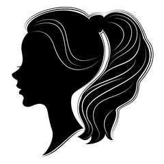 Silhouette of a profile of a sweet lady's head. A girl shows a female tail-hairstyle on long and medium hair. Suitable for logo, advertising. Vector illustration.