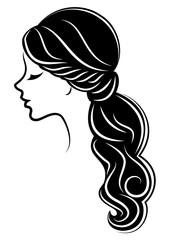 Silhouette of a profile of a sweet lady's head. A girl shows a female tail-hairstyle on long and medium hair. Suitable for logo, advertising. Vector illustration.