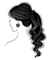 Silhouette of a profile of a sweet lady's head. A girl shows a female tail-hairstyle on long and medium hair. Suitable for logo, advertising. Vector illustration.