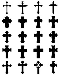 Black silhouettes of different crosses on a white background