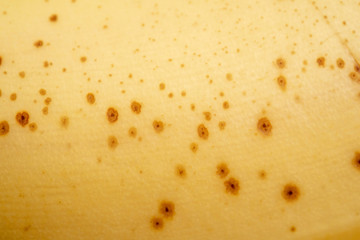 A close-up or macro shot of the overripe yellow skin with pock marks of a banana fruit.