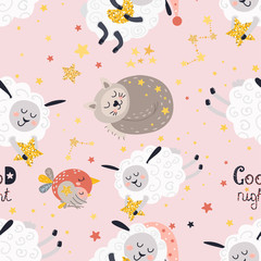 Seamless pattern for girls with sleeping animals