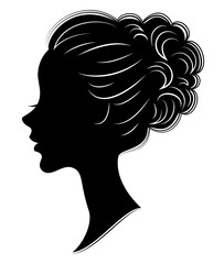 Silhouette of the head of a sweet lady. The girl shows a female hairstyle bundle on long and medium hair. Suitable for advertising, logo. Vector illustration.
