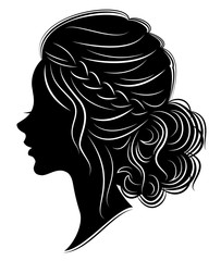 Silhouette of the head of a sweet lady. The girl shows a female hairstyle bundle on long and medium hair. Suitable for advertising, logo. Vector illustration.