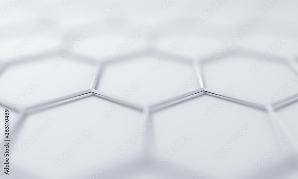 Poster abstract futuristic surface with hexagons, 3d render, sci-fi background design with bokeh effect