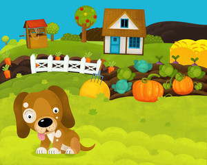 cartoon happy and funny farm scene with happy dog - illustration for children