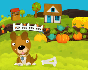 cartoon happy and funny farm scene with happy dog - illustration for children