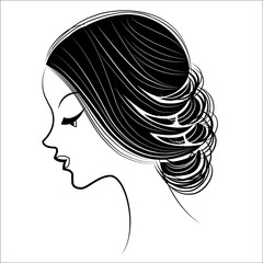 Silhouette of the head of a sweet lady. The girl shows a female hairstyle bundle on long and medium hair. Suitable for advertising, logo. Vector illustration.