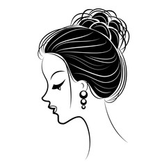 Silhouette of the head of a sweet lady. The girl shows a female hairstyle bundle on long and medium hair. Suitable for advertising, logo. Vector illustration.