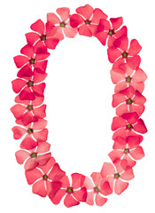 Numeral 0, zero, from natural red flowers of periwinkle, isolated on white background