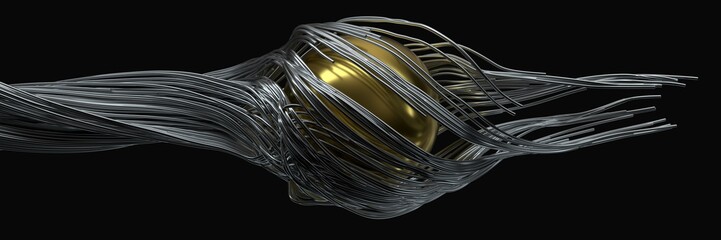 twisting metal wires. flowing metal rods on air. 3d illustration