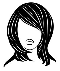 Silhouette of a head of a sweet lady. A girl shows a hairstyle of a woman on medium and long hair. Suitable for logo, advertising. Vector illustration
