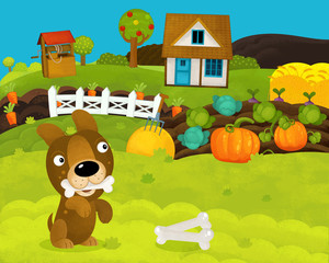 cartoon happy and funny farm scene with happy dog - illustration for children