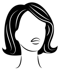 Silhouette of a head of a sweet lady. A girl shows a hairstyle of a woman on medium and long hair. Suitable for logo, advertising. Vector illustration