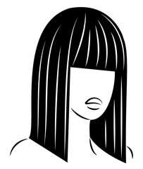 Silhouette of a head of a sweet lady. A girl shows a hairstyle of a woman on medium and long hair. Suitable for logo, advertising. Vector illustration