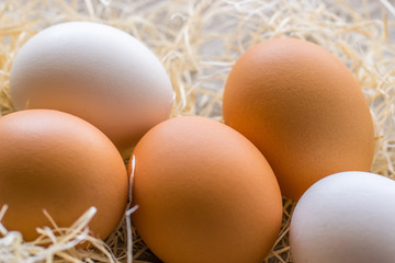 Two white and three brown eggs on the background of hay