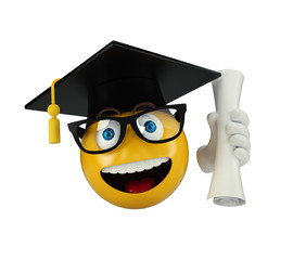 Yellow Graduate Student Emoji with paper on white isolated background, 3d illustration