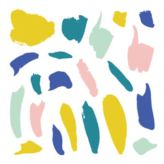 Vector bright collection of hand-drawn elements: drops, lines, splashes, points, brush strokes. Isolated on background. 