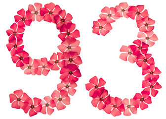 Numeral 93, ninety three, from natural red flowers of periwinkle, isolated on white background