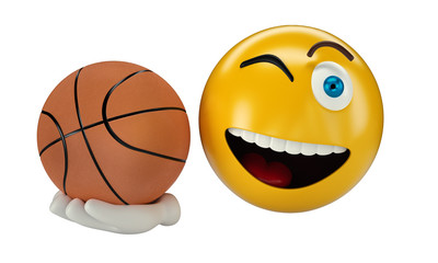 Yellow Happy Emoji with basketball ball on white isolated background, 3d illustration