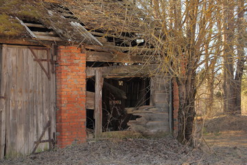 Fototapeta na wymiar Damaged wall of wood brick shed - abandoned farm, devastation building