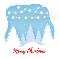 Paper cut winter outdoor scene. Merry Christmas text. 3d paper art illustration. Vector background