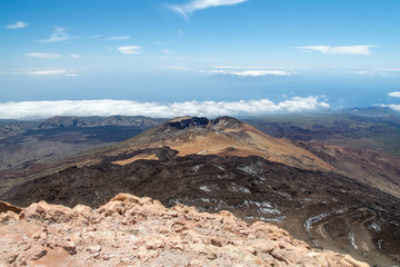 view from teide peak over pico viejo crater and clouds over the sea