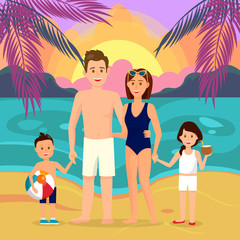 Family on Beach at Night Cartoon Illustration