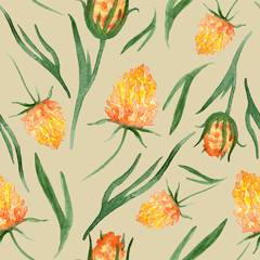 Orange flowers with green leaves, watercolor painting - floral seamless pattern on beige background