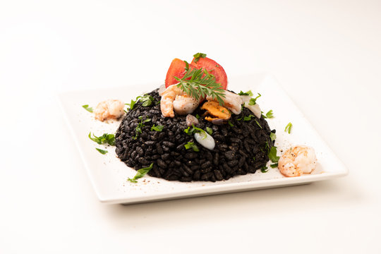 Black Rice With Cuttlefish On White