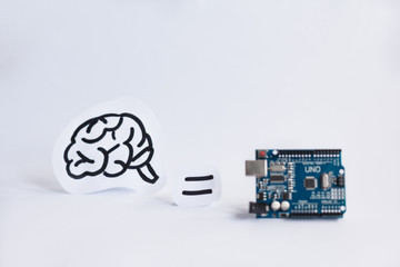 Arduino Uno. Micro controller. Technology. Electronic computing machine. Concept. High intelligence. Brain. DIY. AI. STEAM.
