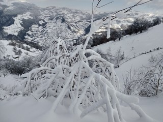 Bonitos Paisajes de invierno con monte y árboles cargados de nieve en pueblo de Parva,...