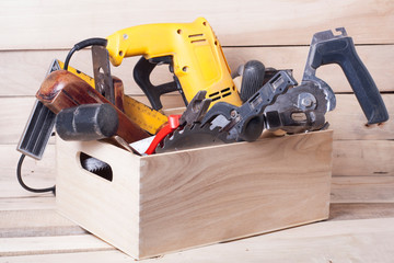 Construction tools in wooden box .Carpenter workplace . Construction concept.