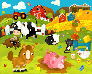 cartoon happy and funny farm scene with happy animals - illustration for children