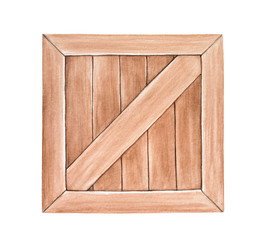Watercolour drawing of blank wooden crate. Square shape, diagonal plank. One single object, front view. Handdrawn water color graphic painting on white, cutout clip art element for design decoration.