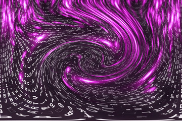 Pink matrix digital background. Distorted cyberspace concept. Characters fall down in wormhole. Hacked matrix. Virtual reality design. Complex algorithm data hacking. Pink digital sparks.