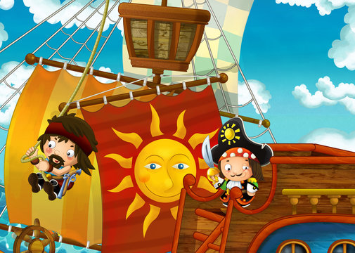 cartoon scene with pirate ship sailing through the sea - pirates on the deck - illustration for children