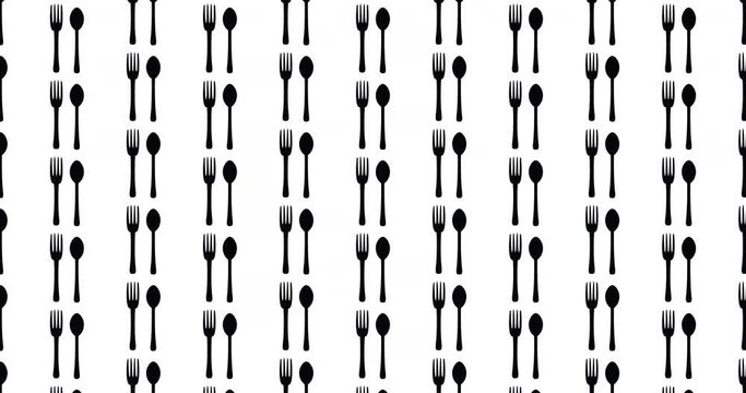 Fork & spoon silverware icons background clip motion backdrop video in a seamless repeating loop.  Black & White food restaurant & kitchen themed pattern background high definition motion video clip