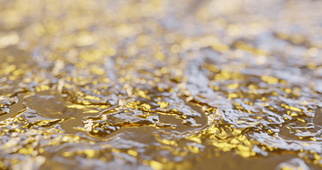 Abstract gold liquid with reflections. Golden wave and ripple background. Lava, caramel, amber, honey, oil texture. 3D render