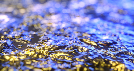 Abstract gold liquid with reflections. Golden wave and ripple background. Lava, caramel, amber, honey, oil texture. 3D render