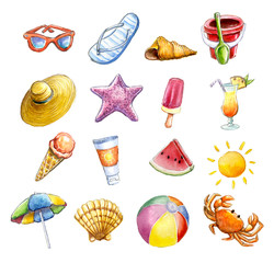 Acuarela conjunto de iconos de playa