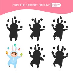Educational  game for children. Find the right shadow. Kids activity with cartoon cute child in bunny costume.