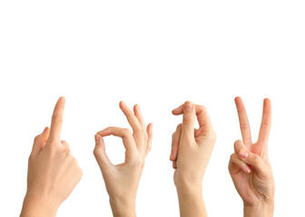 Multiple female hand gestures on white background