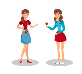 Friendly Girls Meeting Flat Color Illustration