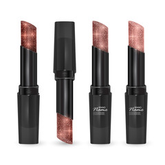 Obraz premium Set of lipsticks of colors from Brown to bodily, lipsticks with glittering texture on white background, vector EPS 10 illustration