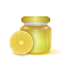 Glass jar with Lemon jam on light background, Label for jam. Mockup for your brand realistic vector EPS 10 illustration