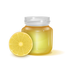Glass jar with Lemon jam on light background, Label for jam. Mockup for your brand realistic vector EPS 10 illustration