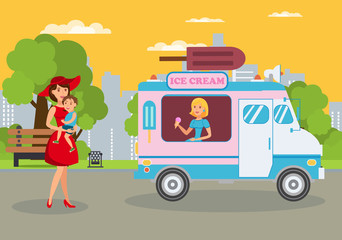 Ice Cream Van in Park Flat Vector Illustration